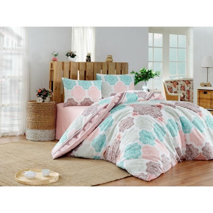 Parure de lit - 1 housse de couette 220x240 cm + 2 taies d'oreiller 60x60 cm - 70% coton, 30% polyester - Turquoise