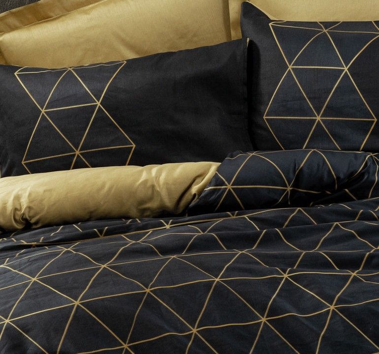 Parure de lit - 1 housse de couette 140 x 200cm + 1 taies d'oreiller 60 x 60 cm - 100% coton renforcé - Imprimé graphique Noir / Or