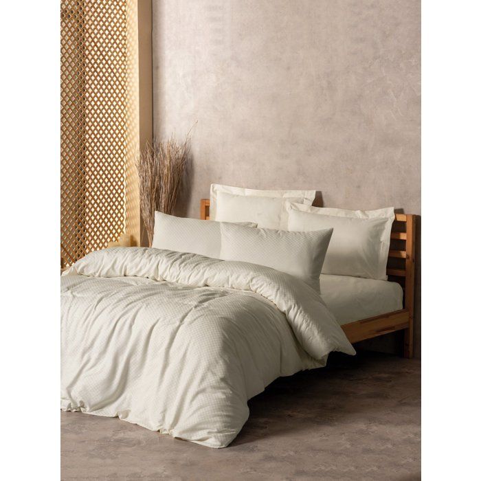 Parure de lit - 1 housse de couette 140 x 200cm + 1 taies d'oreiller 60 x 60 cm - 100% coton renforcé - Imprimé carreaux Creme