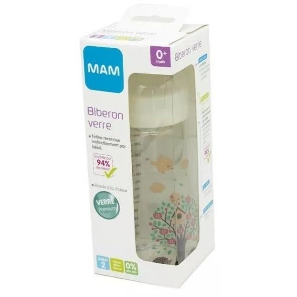 Biberon en verre MAM Hérisson Blanc 260ml - 0 a 6 mois - Tétine Débit 2