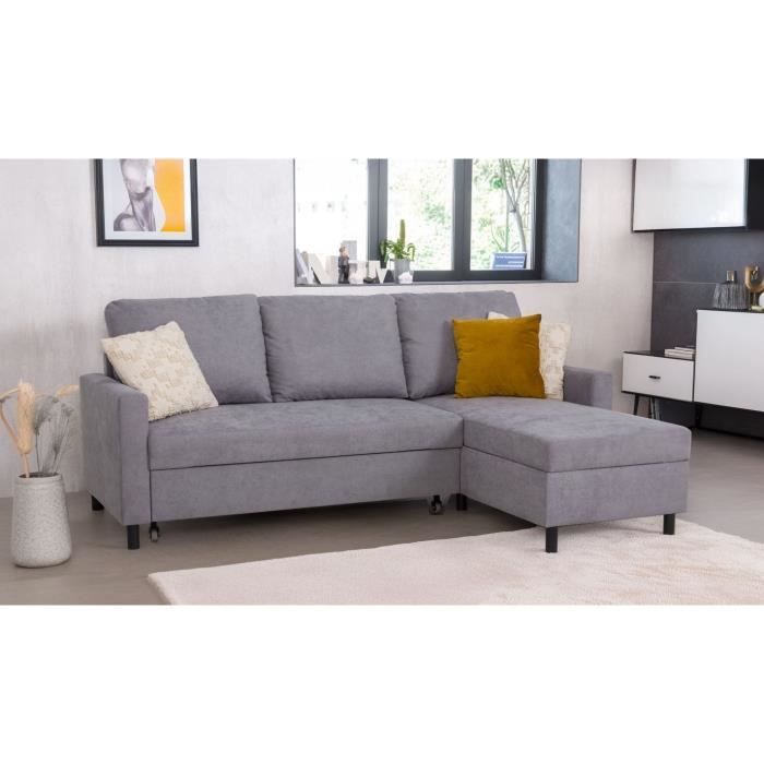 Canapé d'angle convertible - 4 places - AYA - Tissu Gris - Coffre - 212 x 144 x 87 cm