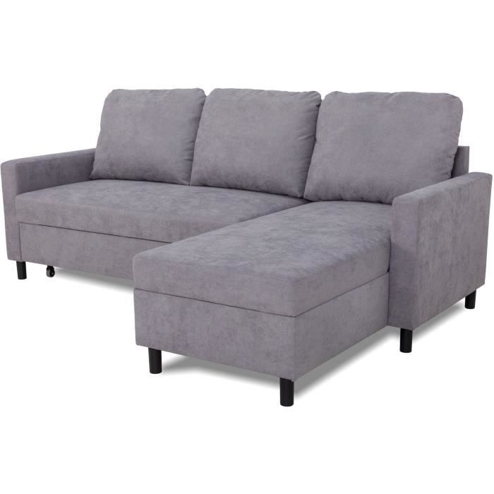 Canapé d'angle convertible - 4 places - AYA - Tissu Gris - Coffre - 212 x 144 x 87 cm