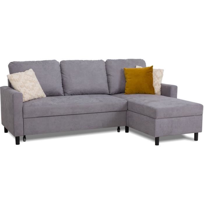 Canapé d'angle convertible - 4 places - AYA - Tissu Gris - Coffre - 212 x 144 x 87 cm
