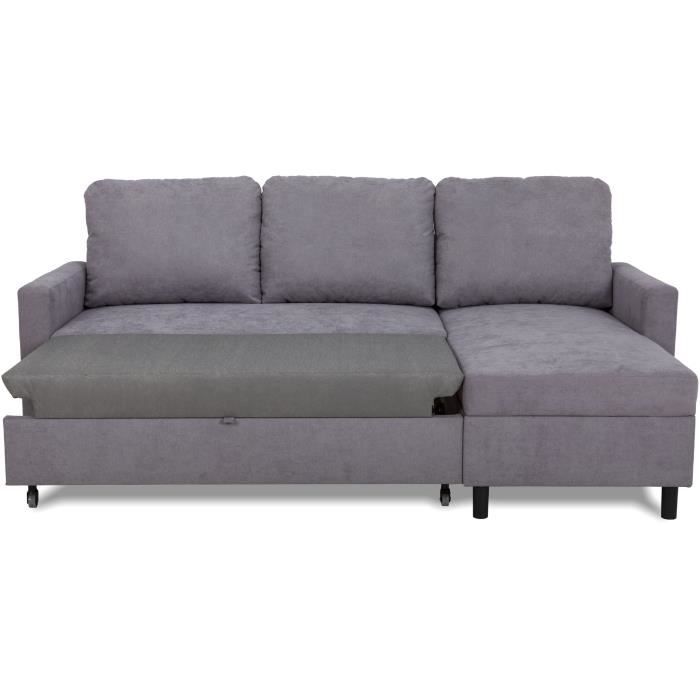 Canapé d'angle convertible - 4 places - AYA - Tissu Gris - Coffre - 212 x 144 x 87 cm