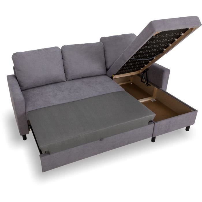 Canapé d'angle convertible - 4 places - AYA - Tissu Gris - Coffre - 212 x 144 x 87 cm