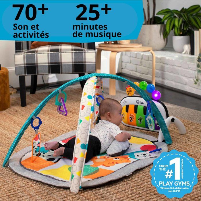 BABY EINSTEIN Kickin' Tunes Tapis de sol éveil bébé évolutif, 4-en-1, jouet piano amovible, arche, cadeau bébé, multilingue