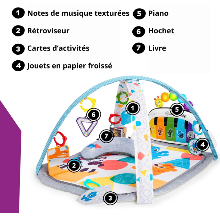 BABY EINSTEIN Kickin' Tunes Tapis de sol éveil bébé évolutif, 4-en-1, jouet piano amovible, arche, cadeau bébé, multilingue