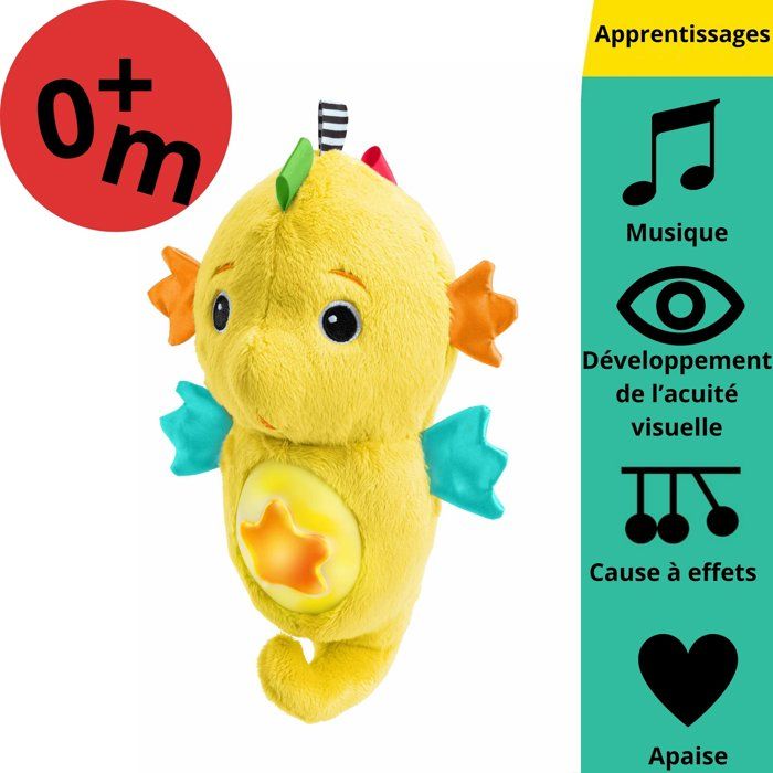 BABY EINSTEIN Veilleuse bébé, Doudou hippocampejaune, réponds au pleurs de bébé, musicale, lumineuse, bruits blanc, attache tétine