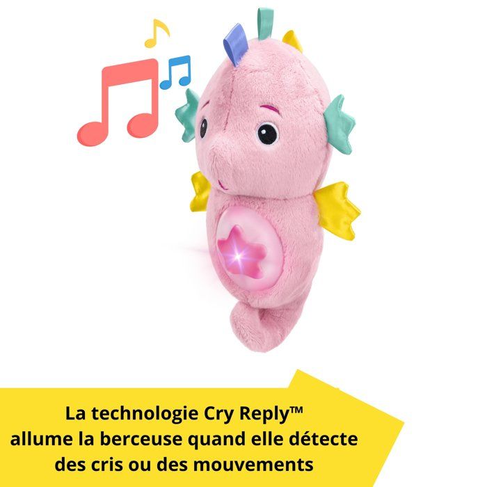 BABY EINSTEIN Veilleuse bébé, Doudou hippocampe rose, réponds au pleurs de bébé, musicale, lumineuse, bruits blanc, attache tétine