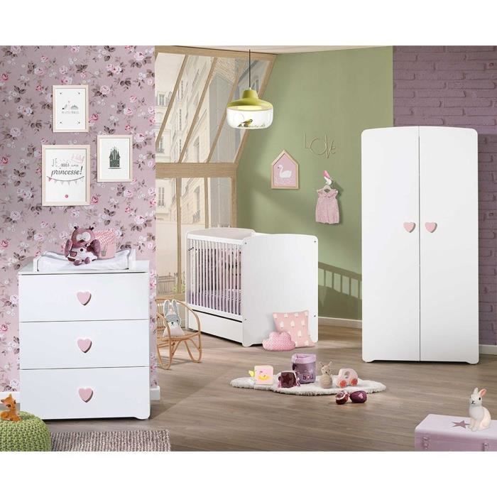 Chambre bÈbÈ trio Basic coeur: lit 120x60, commode a langer et armoire - Babyprice - Blanc