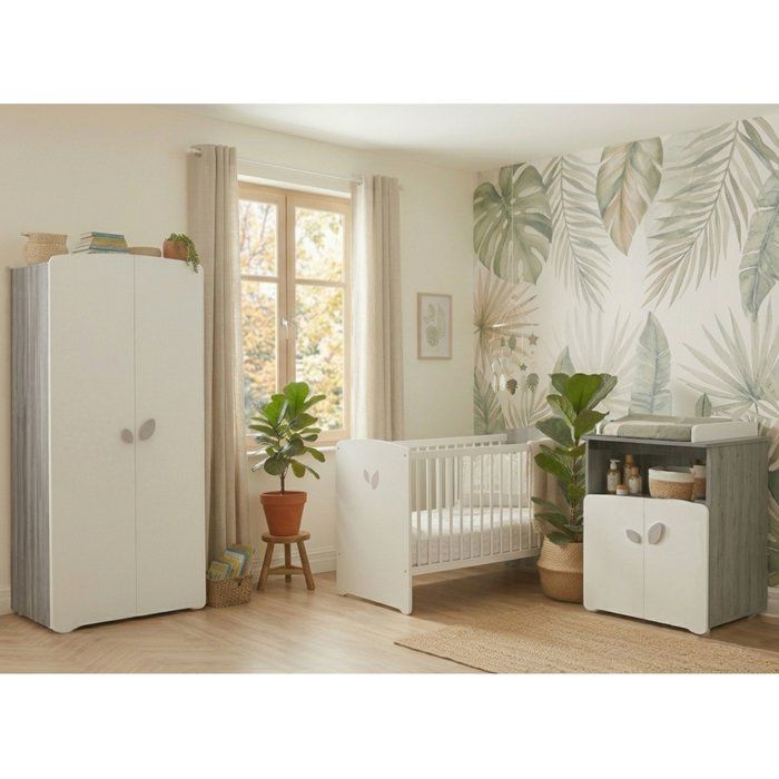 Chambre bébé trio Leaf: lit 120x60, commode a langer et armoire - Babyprice - Blanc