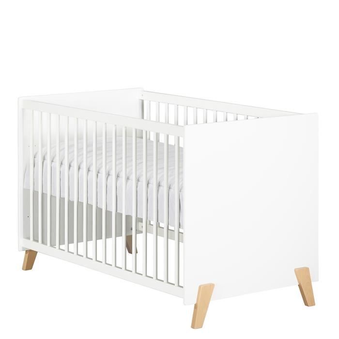 Lit bÈbÈ - 120 x 60 cm - Babyprice Joy Naturel - Blanc - Sur pieds en bois naturel