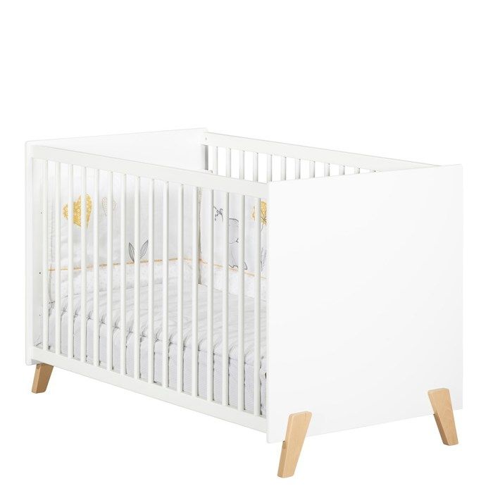 Lit bÈbÈ - 120 x 60 cm - Babyprice Joy Naturel - Blanc - Sur pieds en bois naturel