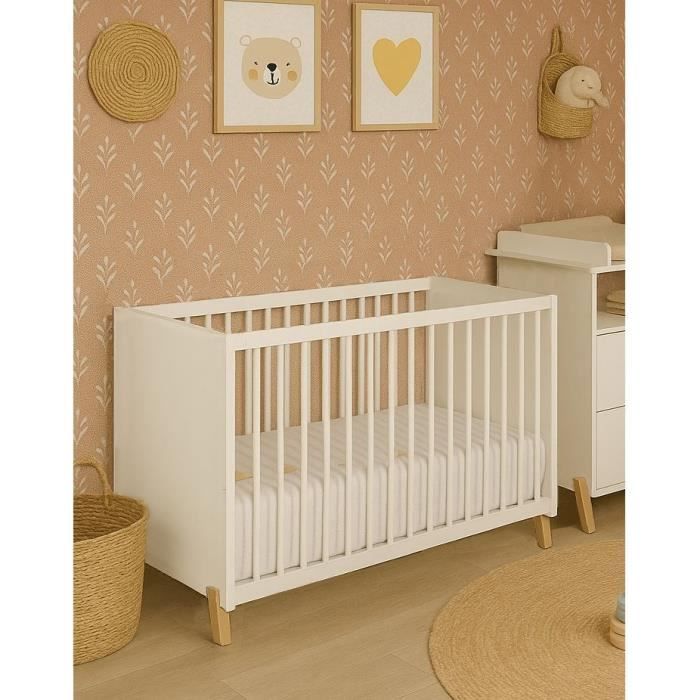 Lit bébé - 120 x 60 cm - Babyprice Joy Naturel - Blanc - Sur pieds en bois naturel