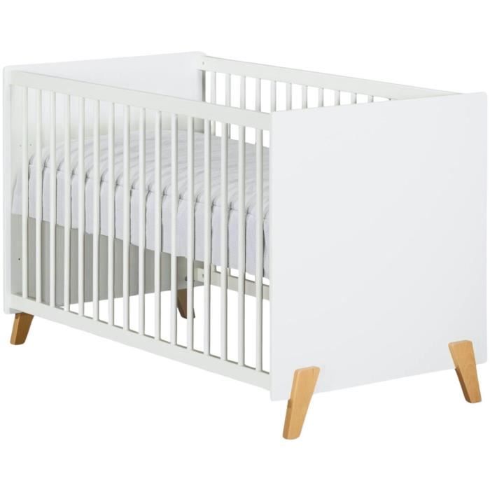 Lit bébé - 120 x 60 cm - Babyprice Joy Naturel - Blanc - Sur pieds en bois naturel