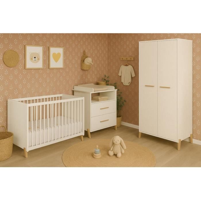 Lit bébé - 120 x 60 cm - Babyprice Joy Naturel - Blanc - Sur pieds en bois naturel