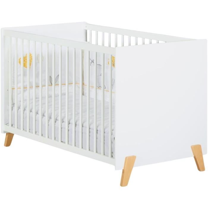 Lit bébé - 120 x 60 cm - Babyprice Joy Naturel - Blanc - Sur pieds en bois naturel