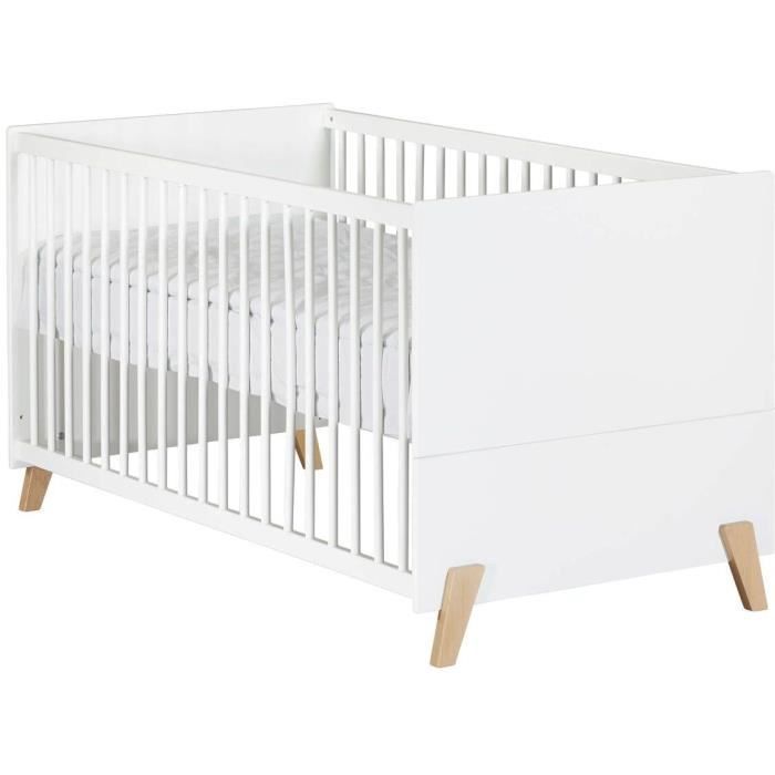 Lit évolutif - 140x70cm - Babyprice Joy Naturel - Blanc sur pieds en bois naturel