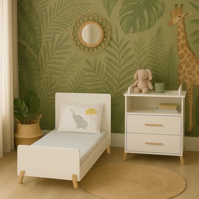 Lit évolutif - 140x70cm - Babyprice Joy Naturel - Blanc sur pieds en bois naturel