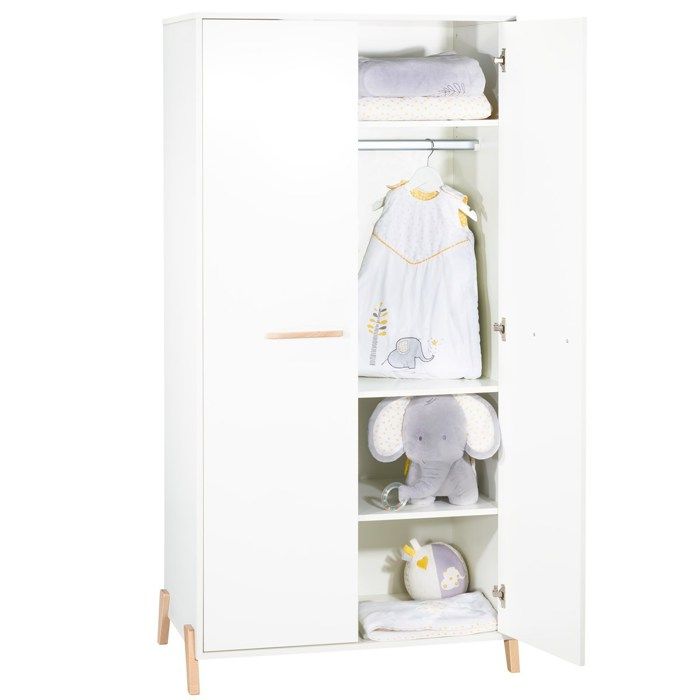 Armoire bÈbÈ Joy Naturel - Blanche - Sur pieds en bois naturel - 2 portes - Babyprice