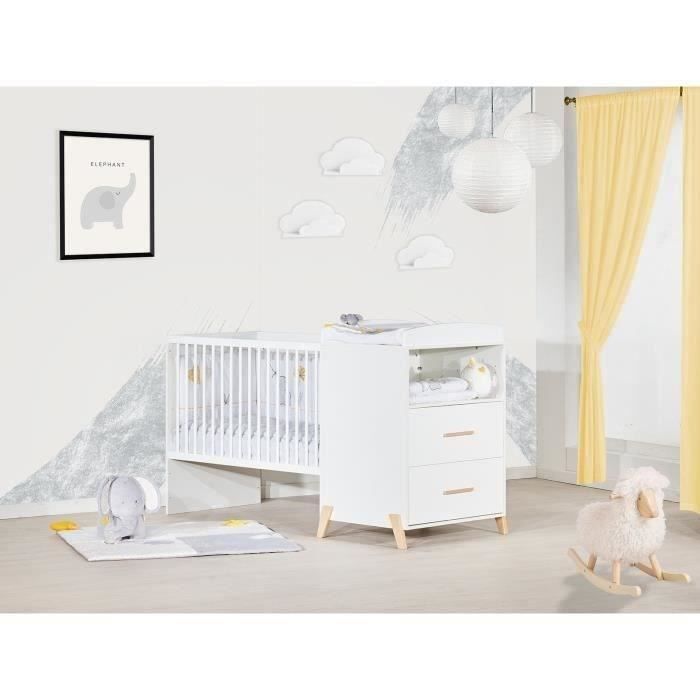 Lit CombinÈ - 120x60cm - Evolutif en 90x190cm - Babyprice Joy Naturel - Blanc sur pieds en bois naturel