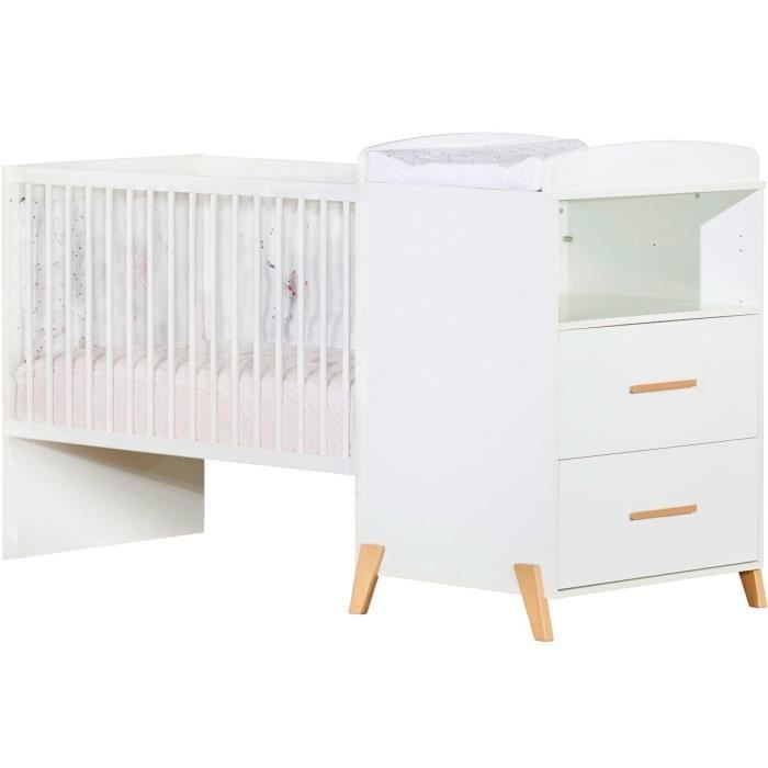Lit Combiné - 120x60cm - Evolutif en 90x190cm - Babyprice Joy Naturel - Blanc sur pieds en bois naturel