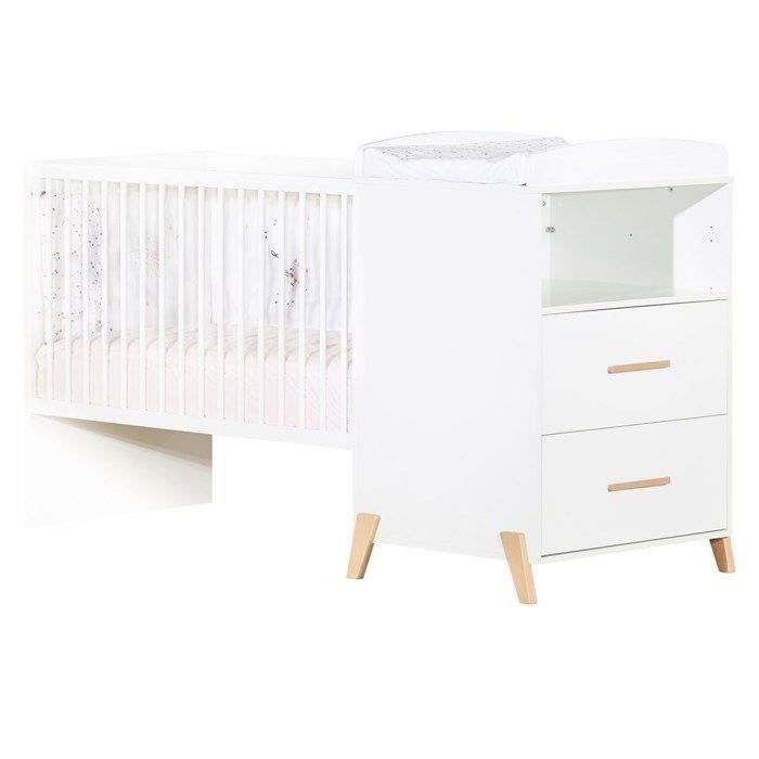 Lit CombinÈ - 120x60cm - Evolutif en 90x190cm - Babyprice Joy Naturel - Blanc sur pieds en bois naturel