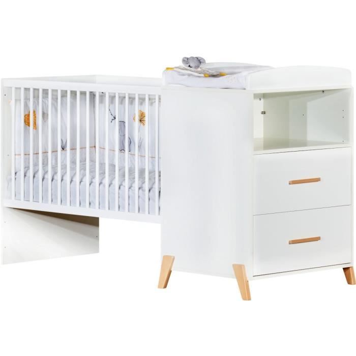 Lit Combiné - 120x60cm - Evolutif en 90x190cm - Babyprice Joy Naturel - Blanc sur pieds en bois naturel