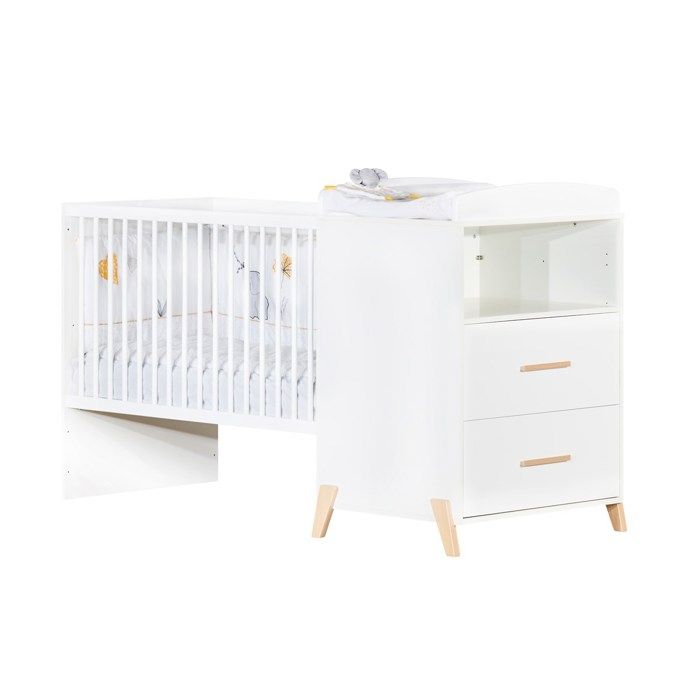 Lit CombinÈ - 120x60cm - Evolutif en 90x190cm - Babyprice Joy Naturel - Blanc sur pieds en bois naturel