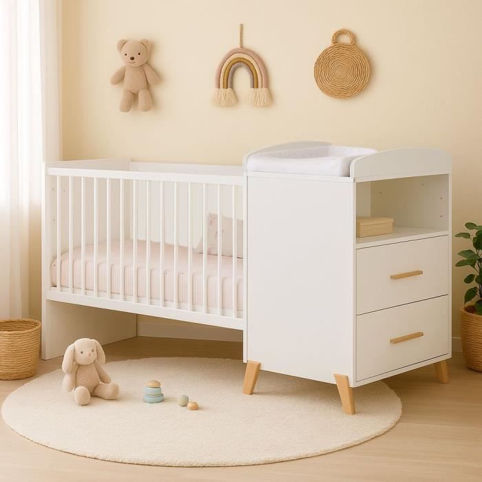 Lit Combiné - 120x60cm - Evolutif en 90x190cm - Babyprice Joy Naturel - Blanc sur pieds en bois naturel