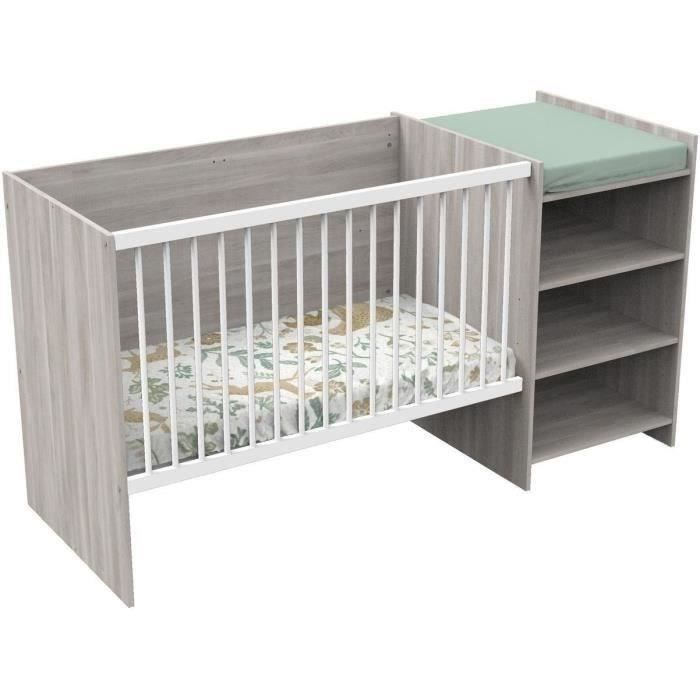 Lit bÈbÈ combinÈ - 120x60cm - Evolutif en 90x190cm - Babyprice Up - Chene silex - Avec commode a langer Ètagere