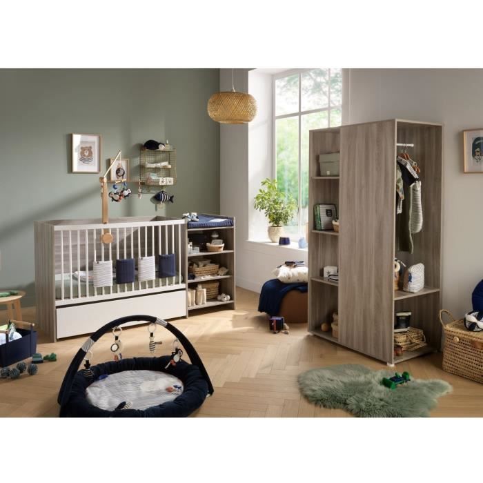 Lit bÈbÈ combinÈ - 120x60cm - Evolutif en 90x190cm - Babyprice Up - Chene silex - Avec commode a langer Ètagere