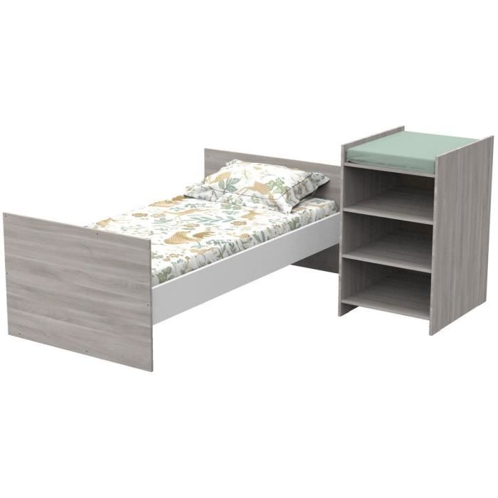 Lit bébé combiné - 120x60cm - Evolutif en 90x190cm - Babyprice Up - Chene silex - Avec commode a langer étagere
