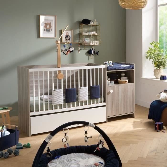 Lit bÈbÈ combinÈ - 120x60cm - Evolutif en 90x190cm - Babyprice Up - Chene - Avec commode a langer 1 porte