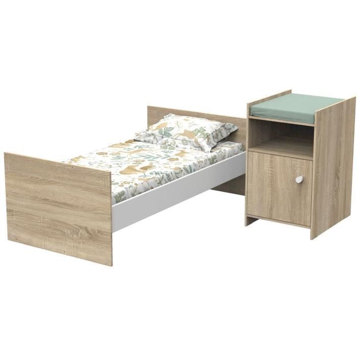 Lit bÈbÈ combinÈ - 120x60cm - Evolutif en 90x190cm - Babyprice Up - DÈcor bois - Avec commode a langer 1 porte