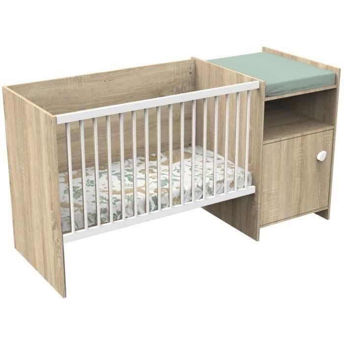 Lit bÈbÈ combinÈ - 120x60cm - Evolutif en 90x190cm - Babyprice Up - DÈcor bois - Avec commode a langer 1 porte