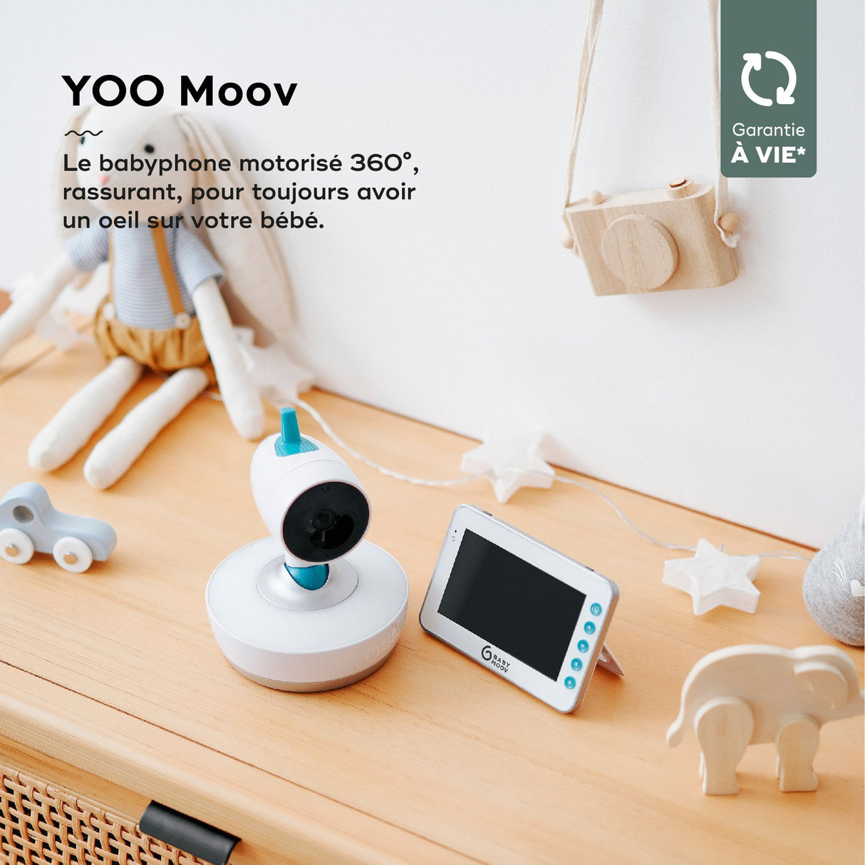 Babyphone - BABYMOOV - Portée de 300m - Caméra YOO Moov Motorisée - Caméra 360° - Grand écran 4,3 (11cm) - Veilleuse et berceuses