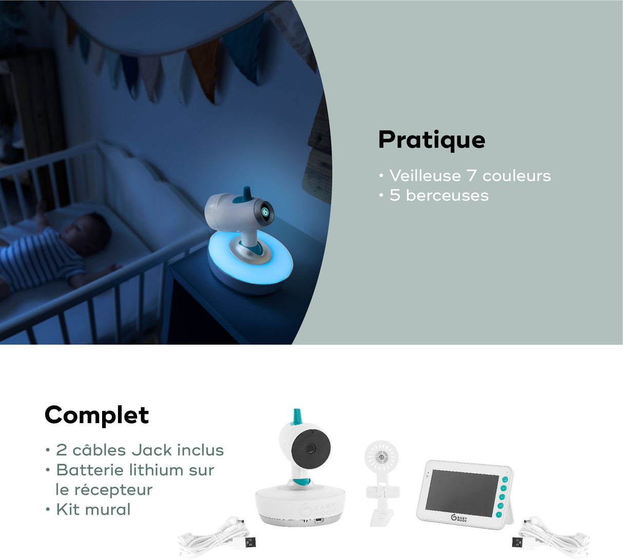 Babyphone - BABYMOOV - Portée de 300m - Caméra YOO Moov Motorisée - Caméra 360° - Grand écran 4,3 (11cm) - Veilleuse et berceuses