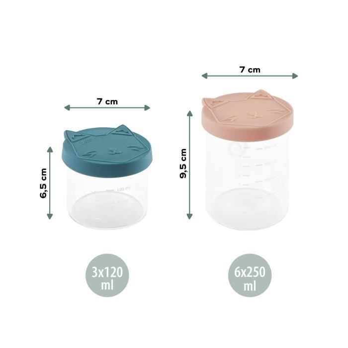 Babymoov ISY BOWLS 9 Pots de conservation en Verre Borosilicate Gradués - 6x250ml + 3x120ml