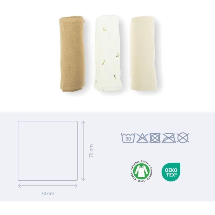 Lot de 3 langes - DOOMOO - Gaze de coton biologique - Certifié oeko-Tex - Beige