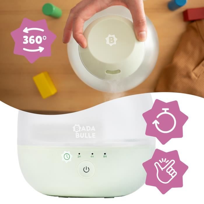 Badabulle Humidificateur d'Air Bubble - Assure Bon Taux d'Humidité - Veilleuse Intégrée - Buse 360° - Jusqu'a 16h d'Autonomie (2L)
