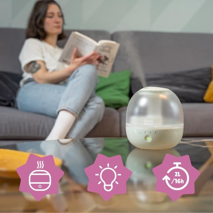 Badabulle Humidificateur d'Air Bubble - Assure Bon Taux d'Humidité - Veilleuse Intégrée - Buse 360° - Jusqu'a 16h d'Autonomie (2L)