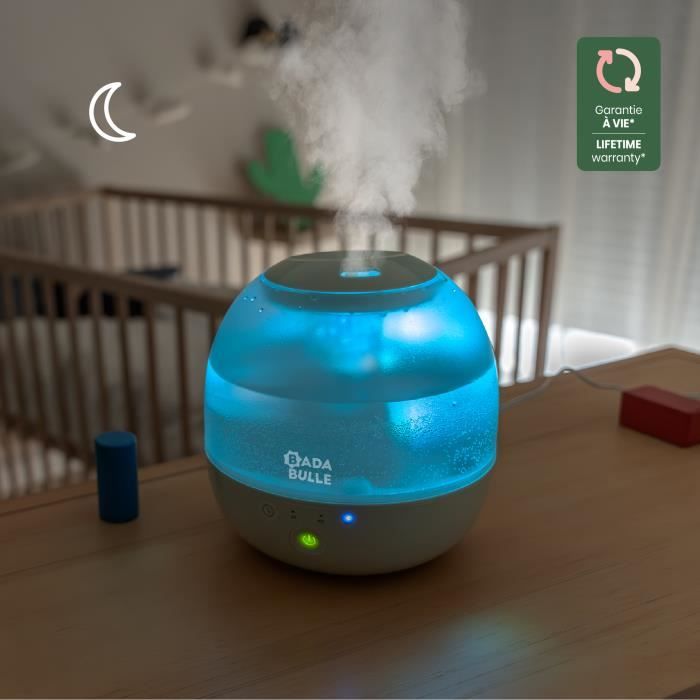 Badabulle Humidificateur d'Air Bubble - Assure Bon Taux d'HumiditÈ - Veilleuse IntÈgrÈe - Buse 360∞ - Jusqu'a 16h d'Autonomie (2L)
