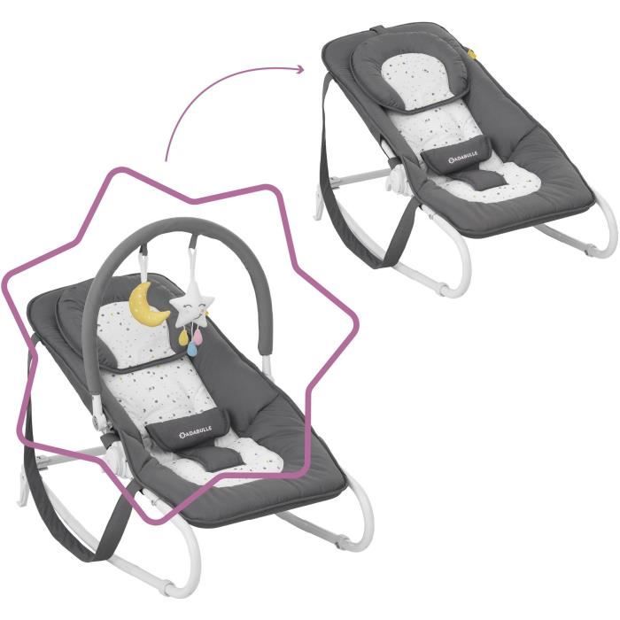 Badabulle Transat Bébé - Easy Moonlight - Pliable - Position Fixe ou Balancelle - Arche de Jeux - Déhoussable - Garantie a vie