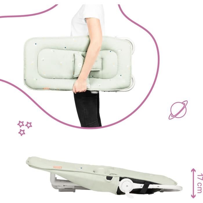 Badabulle Transat Bébé - Pliable - Position Fixe ou Balancelle - Arche de Jeux et Tetiere - Déhoussable - Garantie a vie - Lichen