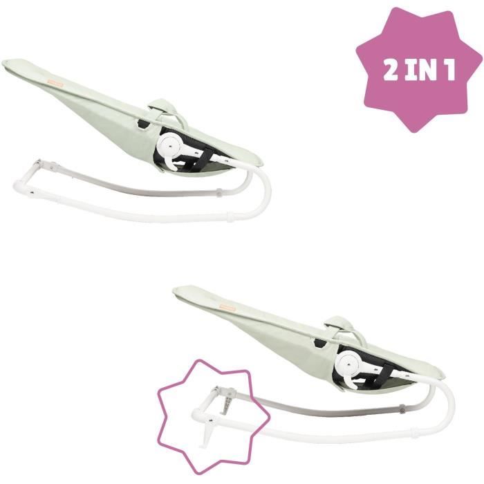 Badabulle Transat Bébé - Pliable - Position Fixe ou Balancelle - Arche de Jeux et Tetiere - Déhoussable - Garantie a vie - Lichen