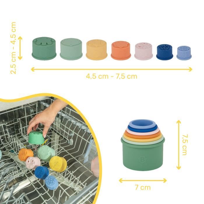 Badabulle Lot de 7 Tasses Empilables NumÈrotÈes - Jouets de Bain en Silicone Souple