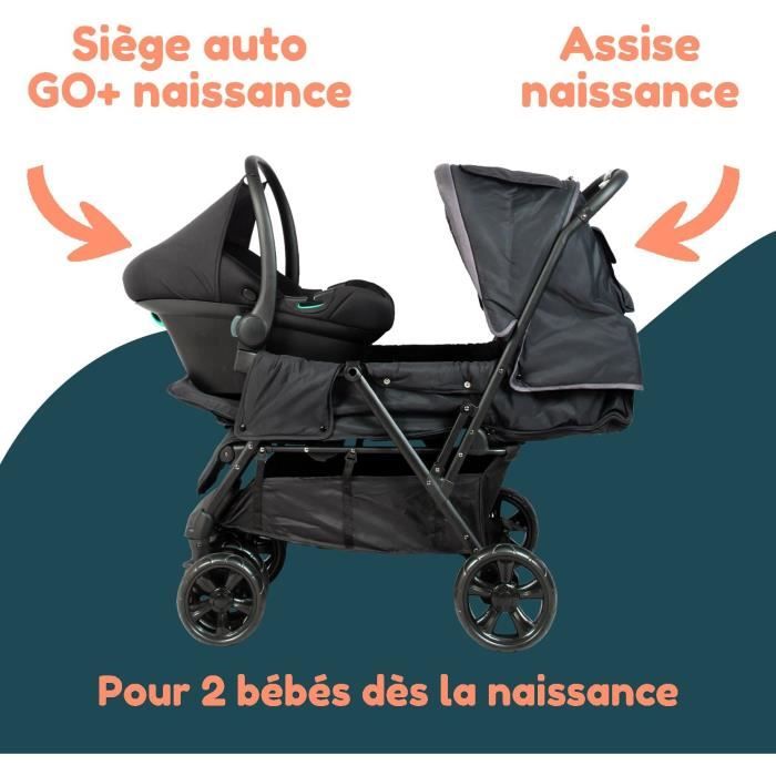 Poussette double jumeaux - BAMBISOL - CombinÈ Poussette Double + Siege Auto I-size - 4 roues - Noir
