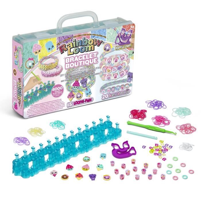 Coffret fabrication automatique de bracelets élastiques - BANDAI - Rainbow Loom Boutique - Contient 4000 Élastiques, Beadmojis...