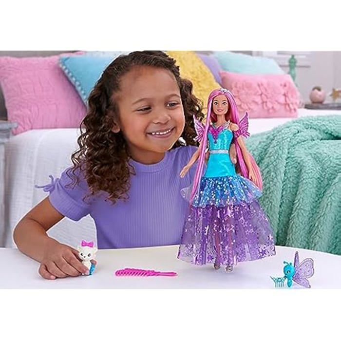 Poupée Barbie - BARBIE - Malibu A Touch of Magic - Cheveux longs 18 cm - Robe fantaisie - Animaux inclus